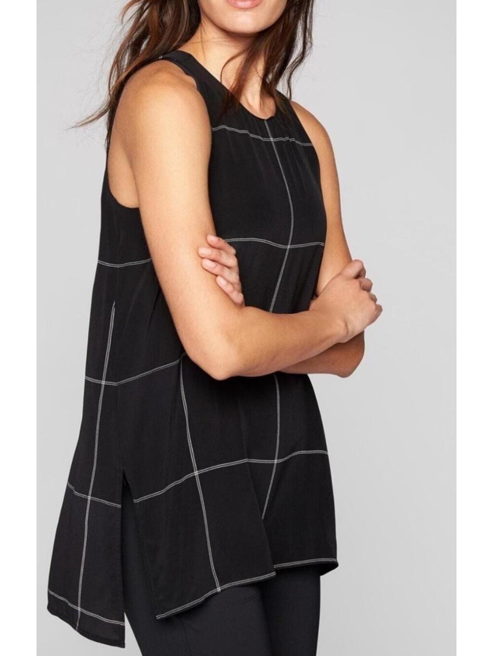 Athleta Black Windowpane Washable Silk CYA Button Tunic Tank Top Small S Plaid